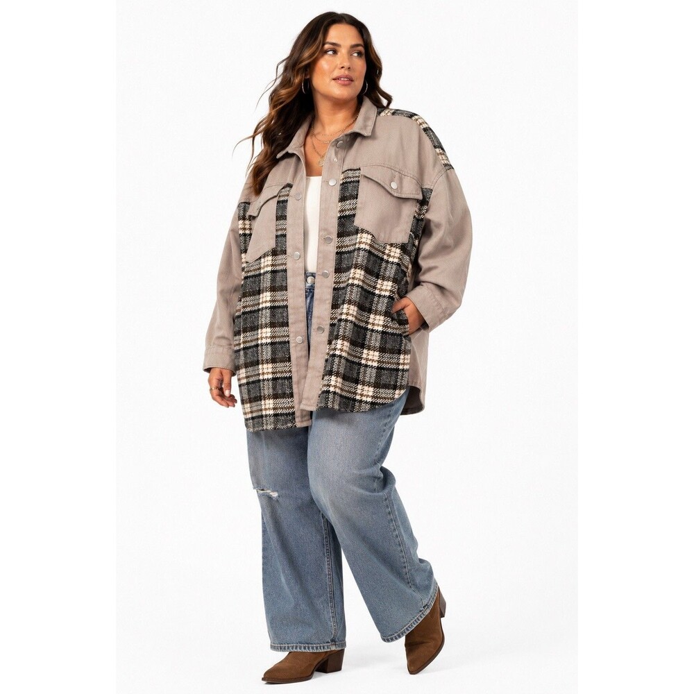 Plus Size 2XL Plaid Denim Shacket Oversized Patchwork Utility Jacket